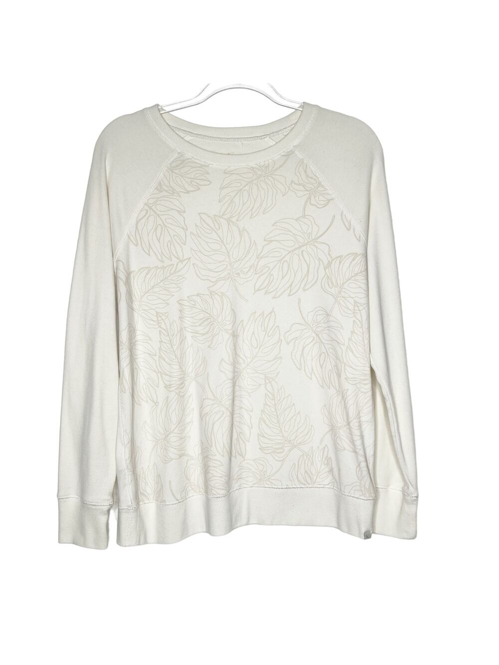 EDDIE BAUER Monstera Leaf Print Sweatshirt Scoop Neck Classic Fit Ivory Size L
